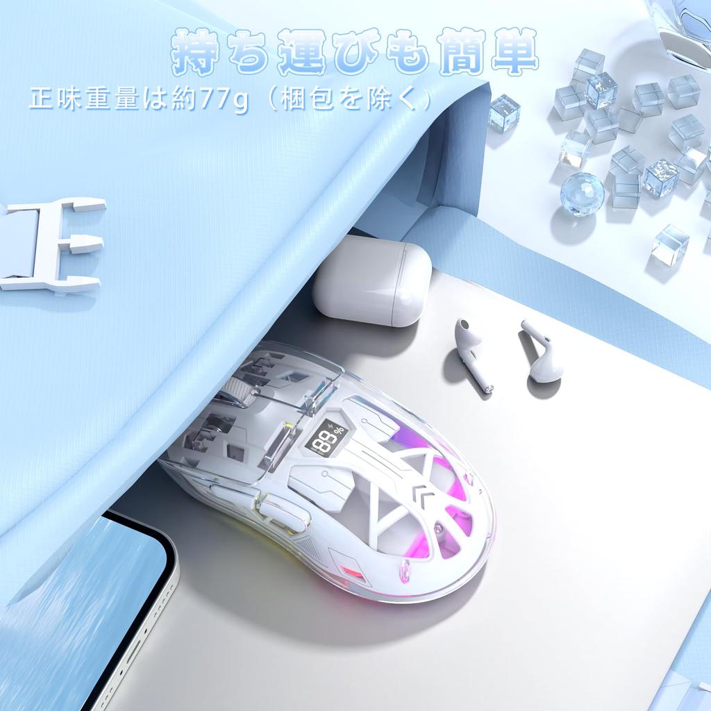 FREEWOLF Gaming Mouse A2 Transparent RGB Wireless Gaming Mouse with Transparent Digital 400mAh Adjustable Battery White, 2.4G/BT Connection, Case,