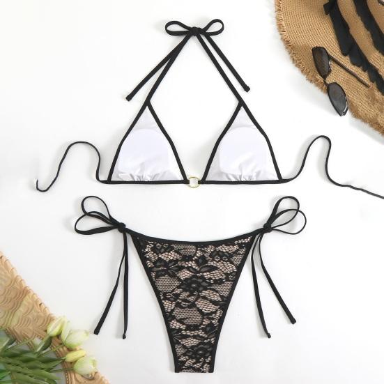 2Pcs/Set Women Bikini Set Halter Swimsuit with Bow Lace-ups Low-rise Swimming Trunks Set