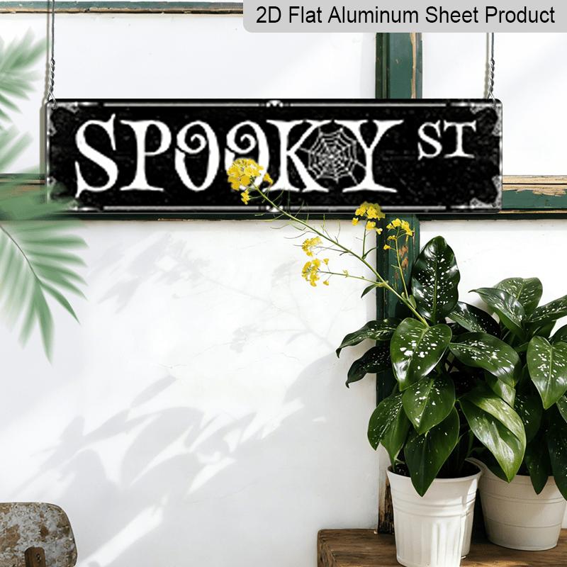 2D Flat, Spooky Street Aluminum Decorative Sign - 15.7×3.94 - Durable Indoor/ Outdoor Decor with Cobweb Accents for Halloween and Everyday Display