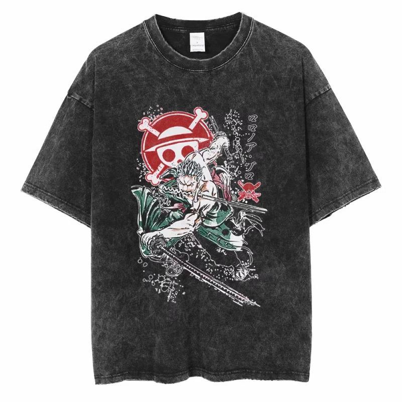 One Piece ONE PIECE Luffenica Street Винтажная Старая Хлопковая Выстиранная Футболка с Коротким Рукавом Топ Харадзюку Мужской