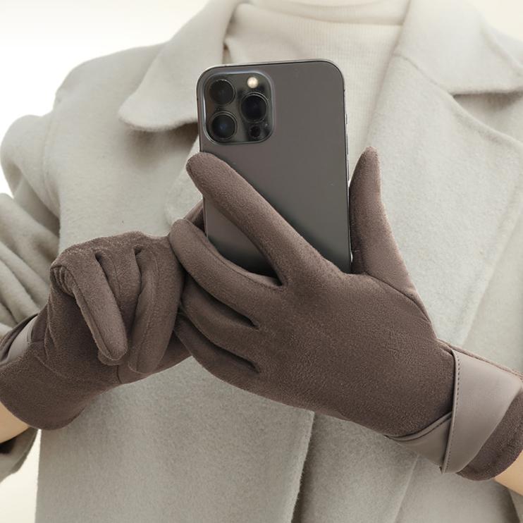 2 шт. Женские зимние перчатки с сенсорным экраном - Элегантная коричневая ПУ кожа с серыми акцентами, теплая флисовая подкладка, ветронепроницаемые для велоспорта и активного отдыха