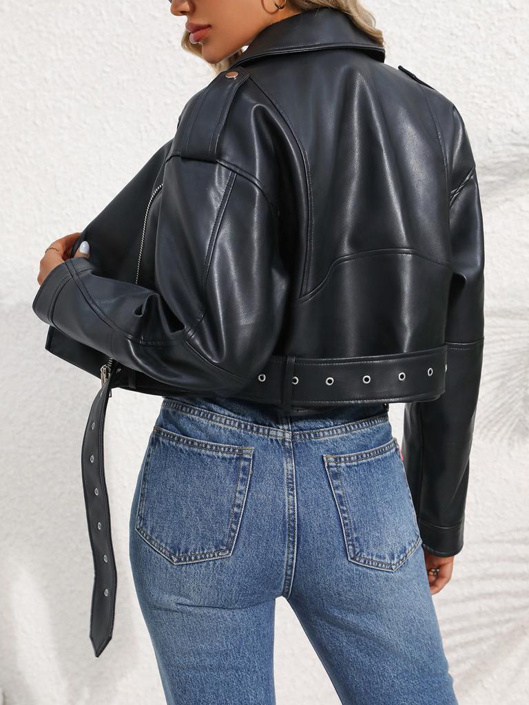 Women PU Leather Jacket Lady Motorcycle Leather Jacket  Lapel Zipper Faux Leather Short Coat with Belt