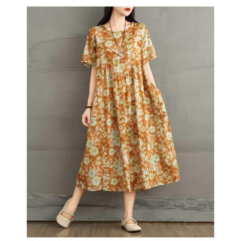 Summer Retro Cotton and Linen Round Neck Short Sleeved Dress, Women's Loose Skirt