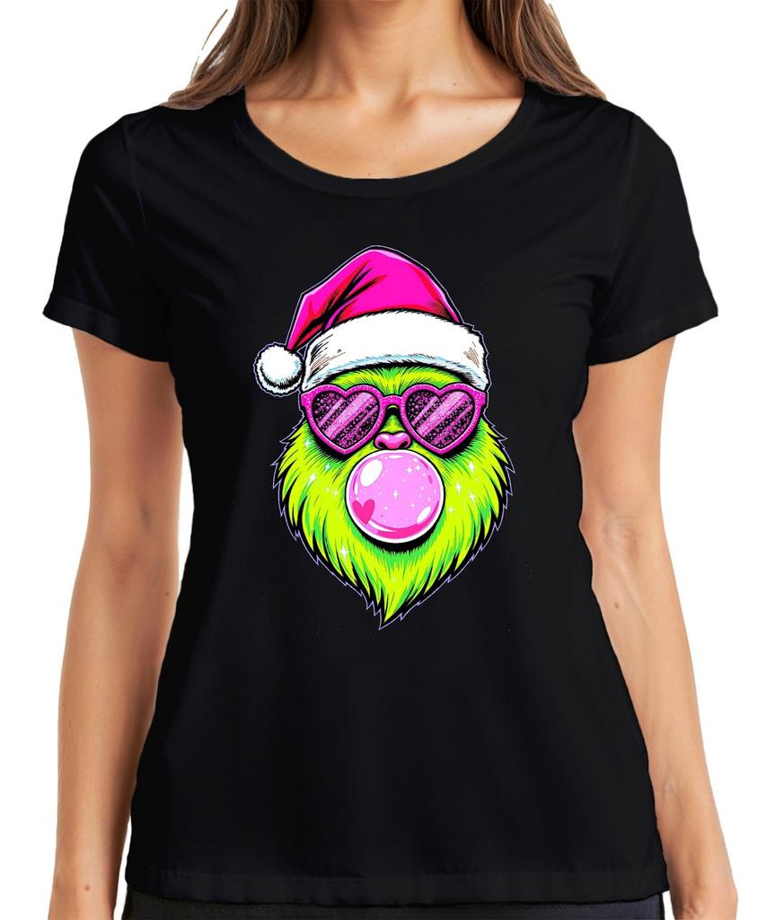 Grinch Christmas Bubblegum Heart Glasses Neon Kawaii Santa PopArt Womens T-Shirt