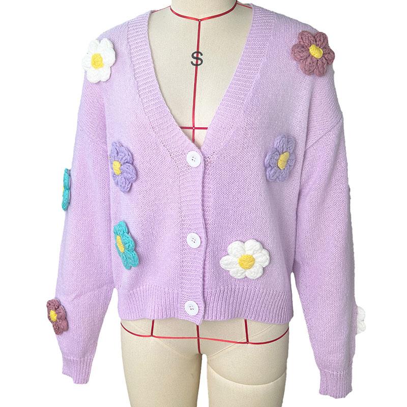 Женский осенне-зимний милый вязаный кардиган с длинным рукавом на пуговицах, свободный теплый свитер с цветочным принтом, открытое пальто спереди