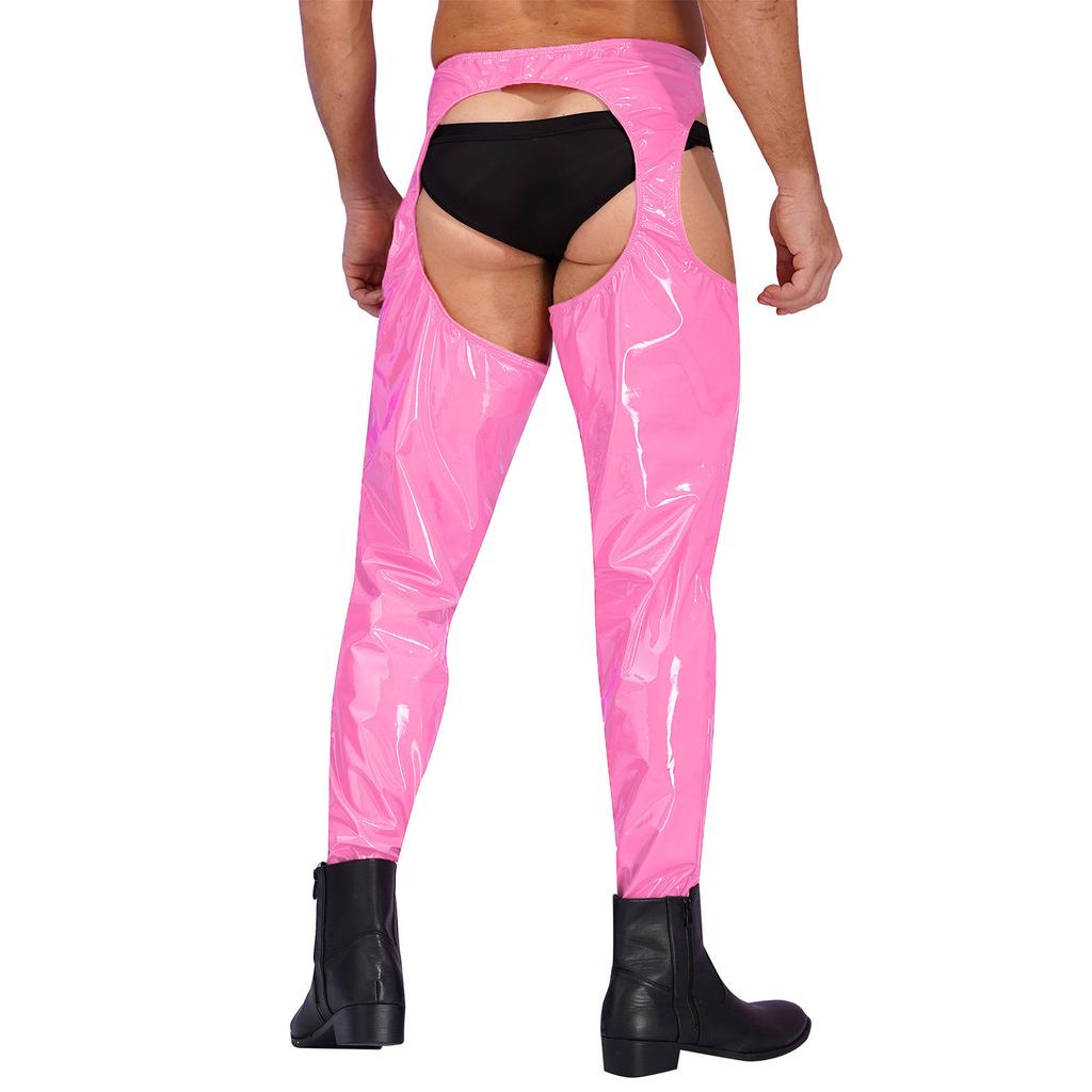 Mens High Waist Patent Leather Pants Cutout Design Nightclub Attire