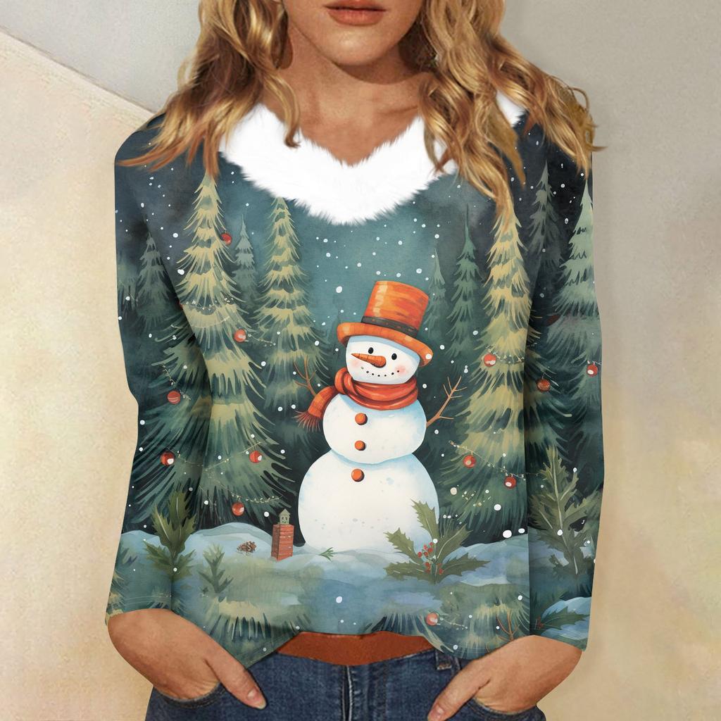 Женская футболка с длинным рукавом, рождественская вечеринка, плюшевый воротник, топ с V-образным вырезом