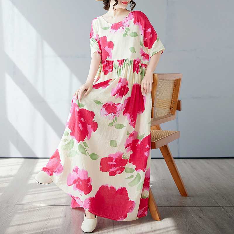 Простая и модная длинная юбка, летнее платье с короткими рукавами и круглым вырезом с принтом