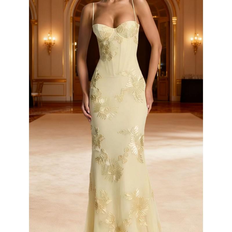 3D Embroidered Backless Cross Tie Maxi Dress Elegant Floral Evening Gown