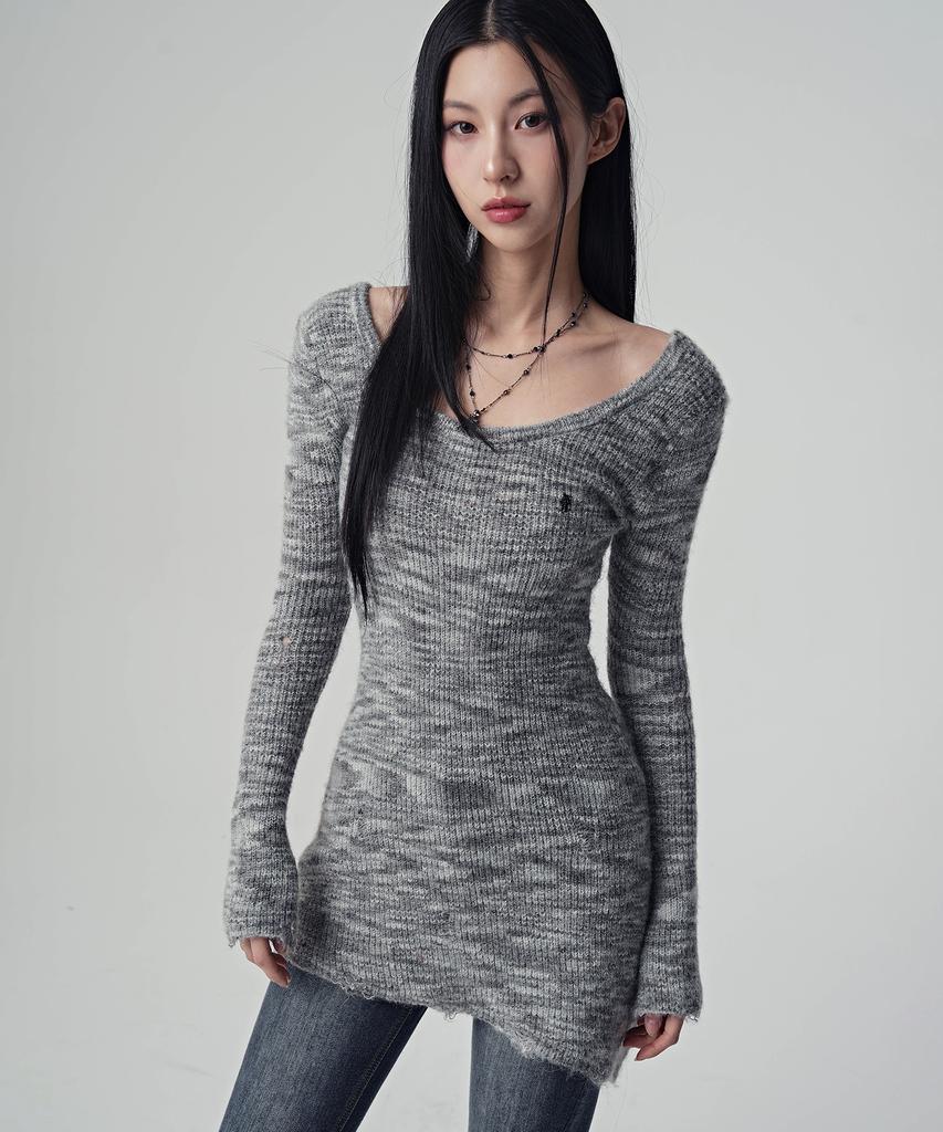 AVANDRESS Multi Damage Scoop Long Knit_2Colors