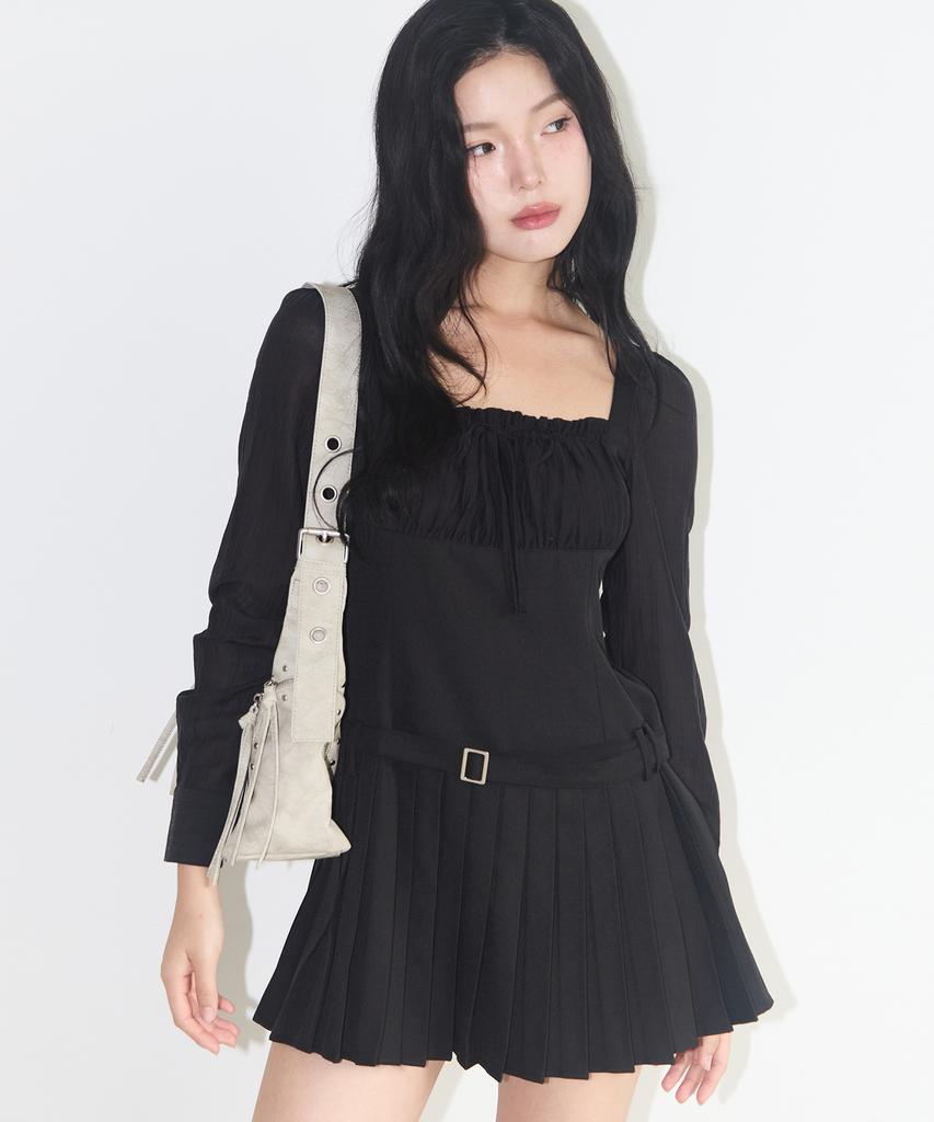 Iligo Preppy Ribbon Pleated Dress Black