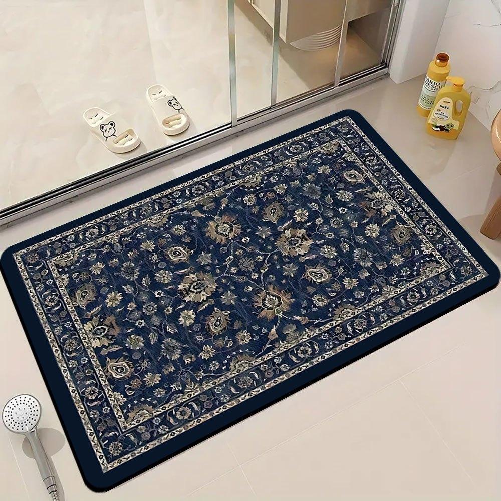 Vintage Persian Area Rug Dark Blue Floral Print Carpet Non-slip Floor Mat for Living Room Bedroom Home Decor