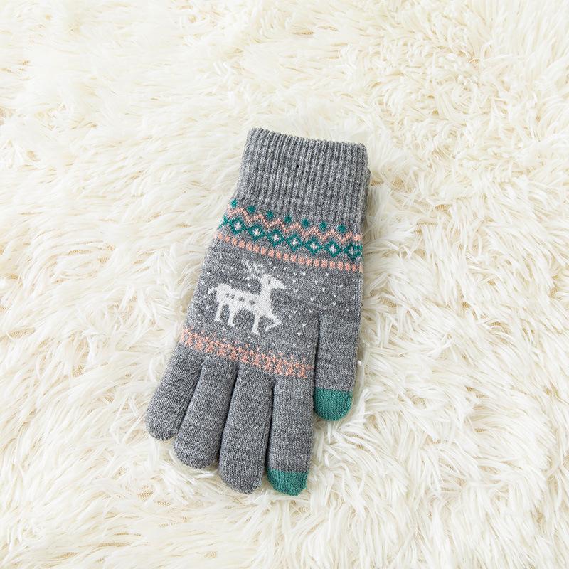 Knitted Touchscreen Gloves for Women Winter Warmth, Thickened with Fleece Lining Outdoor Cycling Jacquard Design Adorable Reindeer Pattern
