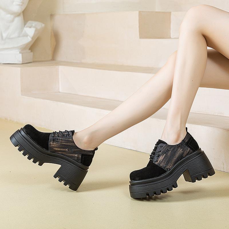 Korean Version of Derby Shoes Women's Shoes Spring 2025 New Round Head Platform Casual Shoes Women's High Heel Increased by 8.5 Cm