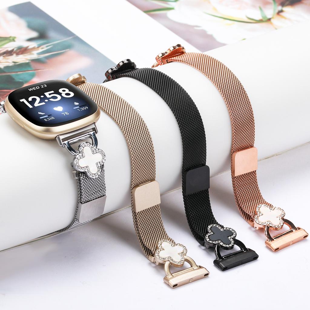 For Fitbit Versa 4/Sense 2 Band Milanese Metal Magnetic Watch Strap with Clover Connector,Size: L