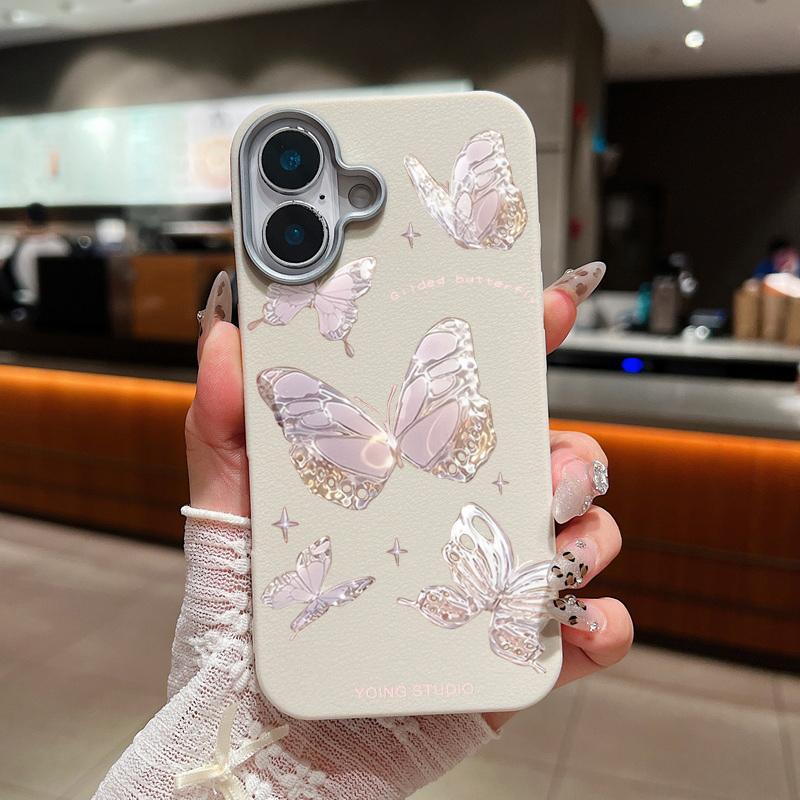 Тонкий мягкий чехол с рисунком бабочки и текстурой кожи для iPhone 16 Pro Max 15 14 Pro 13 12 11, матовая защита линз, противоударный чехол для телефона из ТПУ