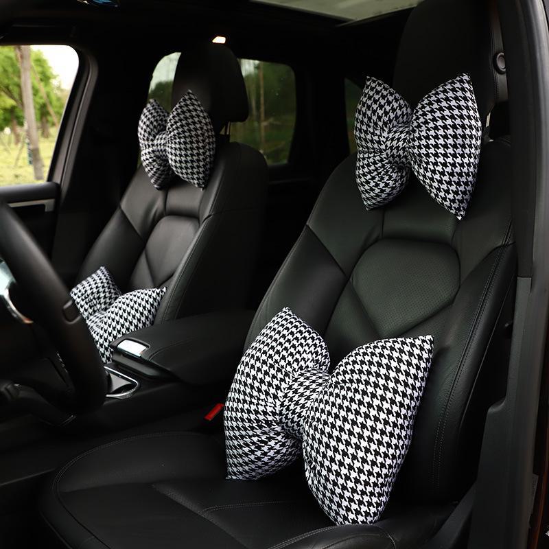 Houndstooth Bow Car Headrest Neck Pillow & Waist Pillow Set - Cute Car Interior Accessories for Women