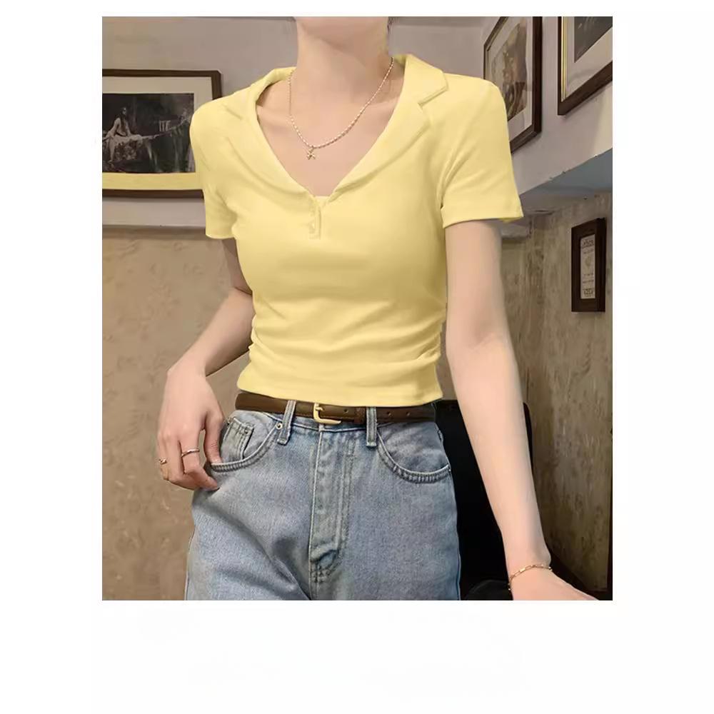 Женская летняя футболка Niche Waisted Positive Shoulder Slim Thin Lapel Revealing с короткими рукавами