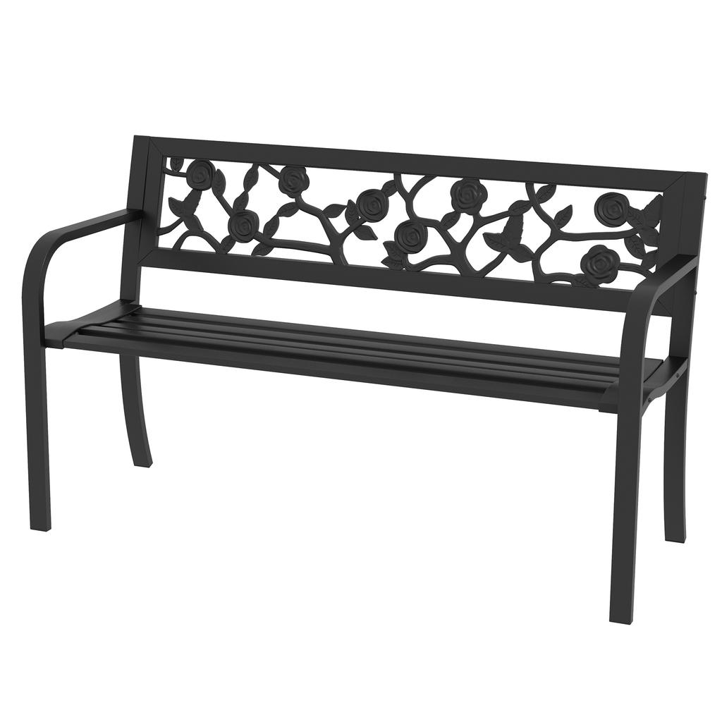 2-Seater Garden Bench in Steel with Decorated Backrest and Armrests, 127x50x75cm, Black