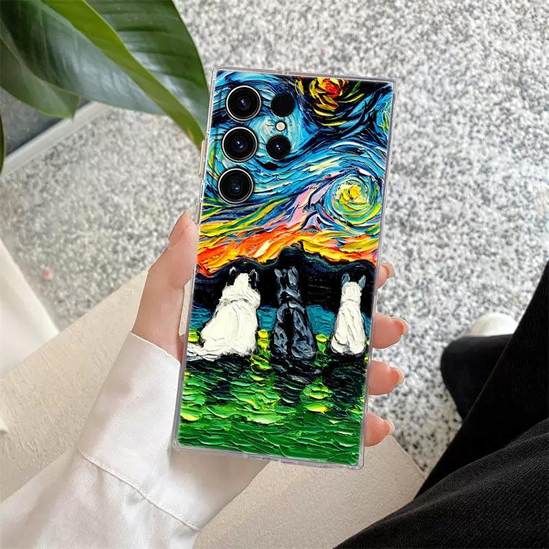 Чехол для телефона с картиной Ван Гога «Звездная ночь» и кошкой Для Samsung Galaxy S24 S23 Ultra S22 S20 Plus S21 FE Прозрачный чехол Защитная крышка Fundas