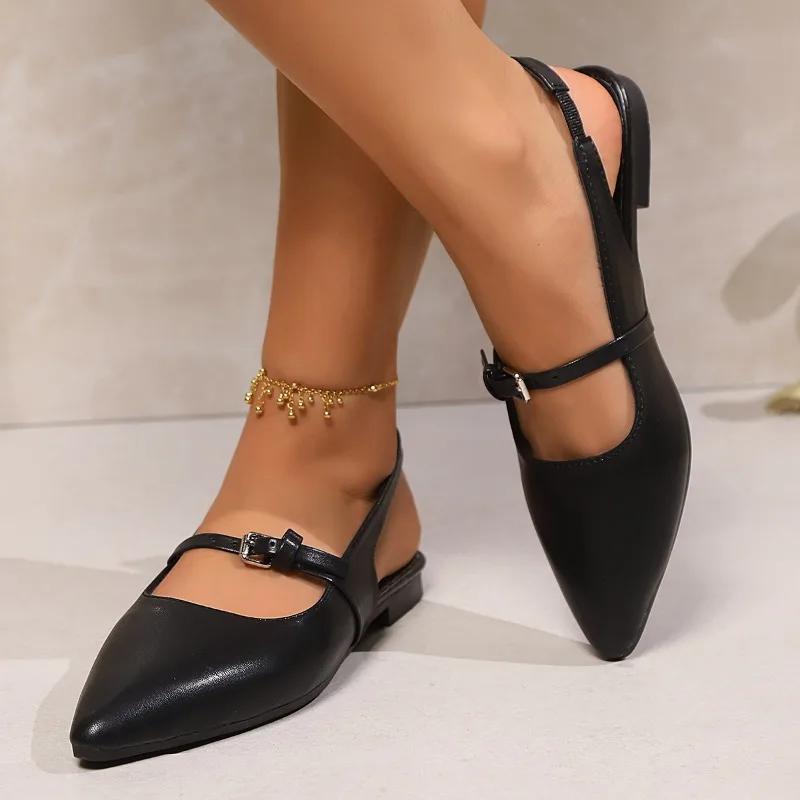 Летняя новая корейская версия женских сандалий черного цвета с заостренным кончиком и пустыми французскими простыми повседневными сандалиями длиной 42 ярда