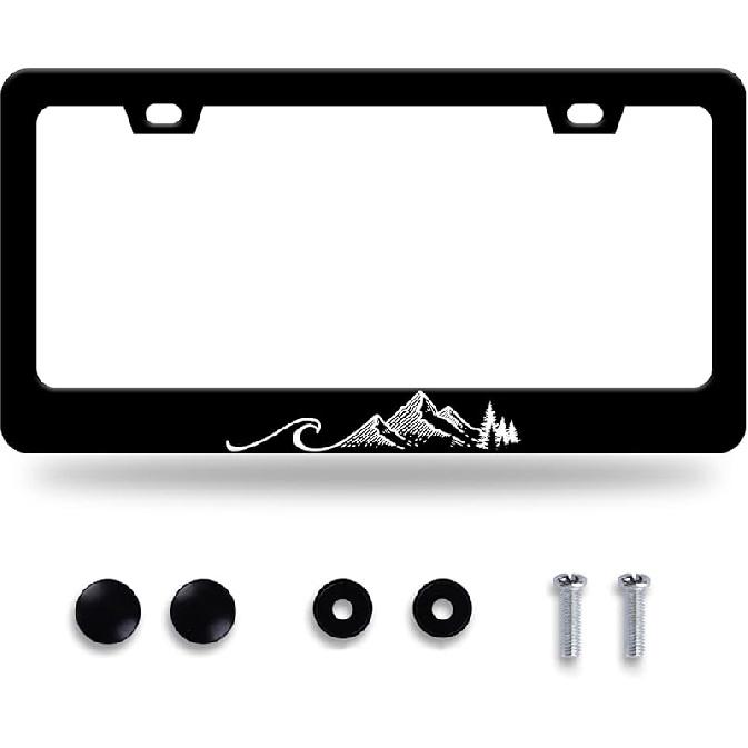 Waves License Plate Frame Ocean Wave Mounta License Plate Stainless Steel Parts Funny License Plate Decorative With Screws Size 12.3" X 6.3"
