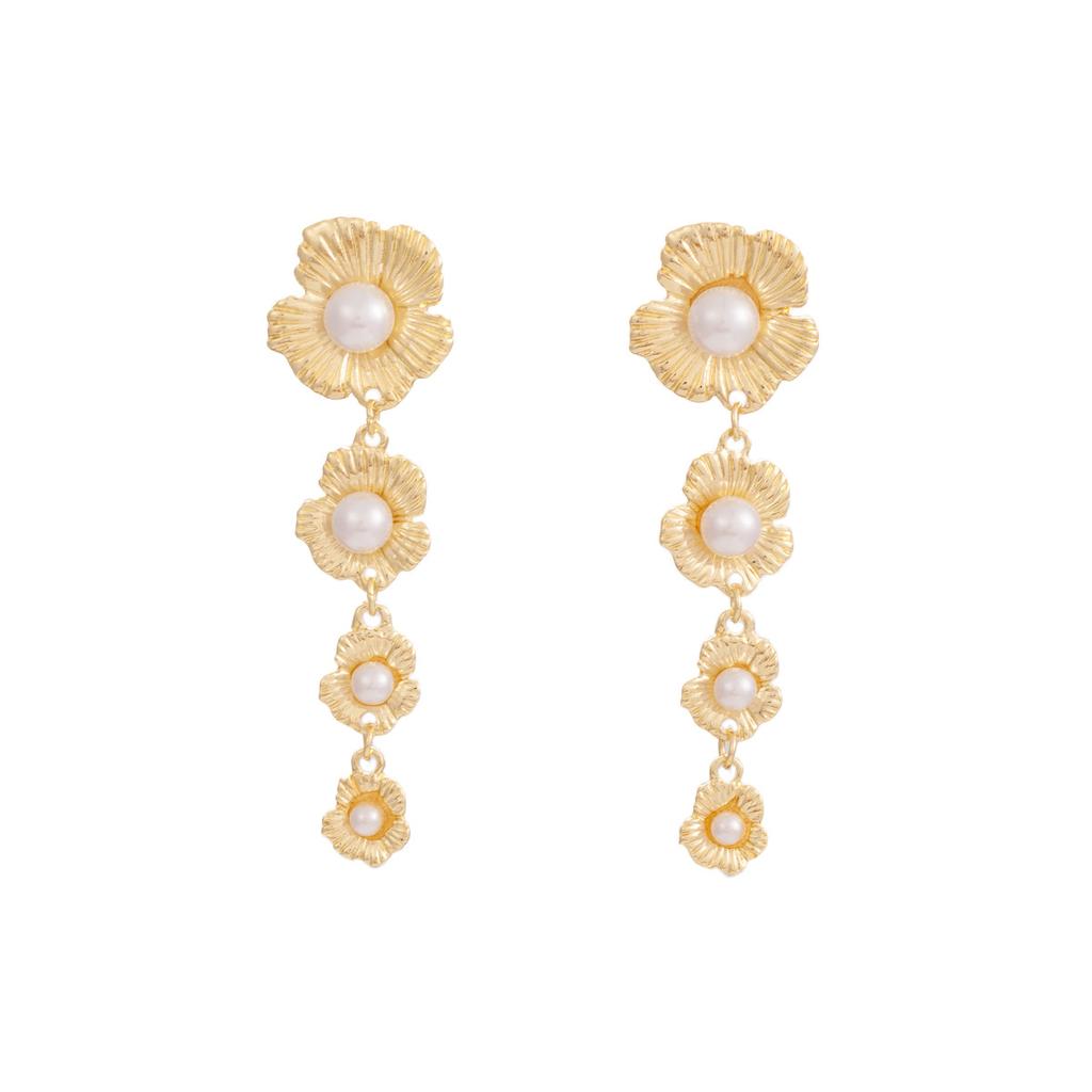 Металлические серьги-гвоздики Ретро Жемчуг Вставка Плиссированный Цветок Серьги с бахромой Легкая роскошь Премиум Серьги