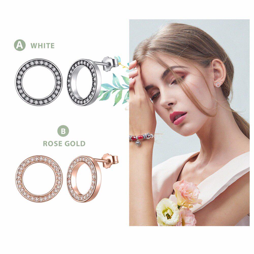 BAMOER Forever Clear CZ 925 Sterling Silver Circle Round Stud Earrings with CZ Jewelry GIFT