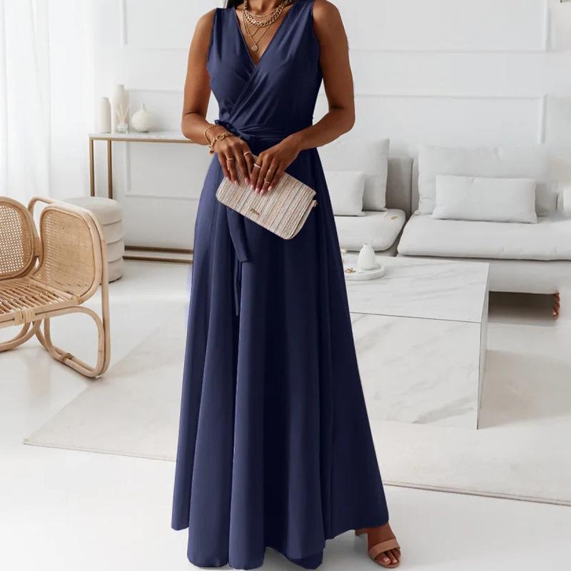 2025 Летнее Вечернее Длинное Платье на Шнуровке Однотонное с V-образным Вырезом