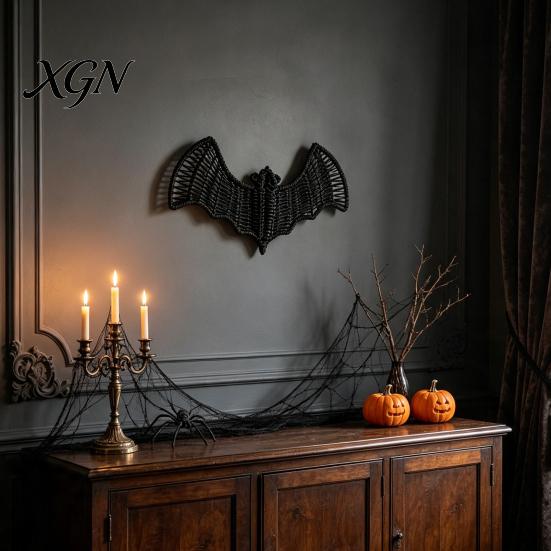 Haunted House Party Decor Woven Rattan Bat Wall Hanging Decoration, Halloween Handcrafted Black Wicker Bat, Seasonal Decorations 3D Scary Rustic