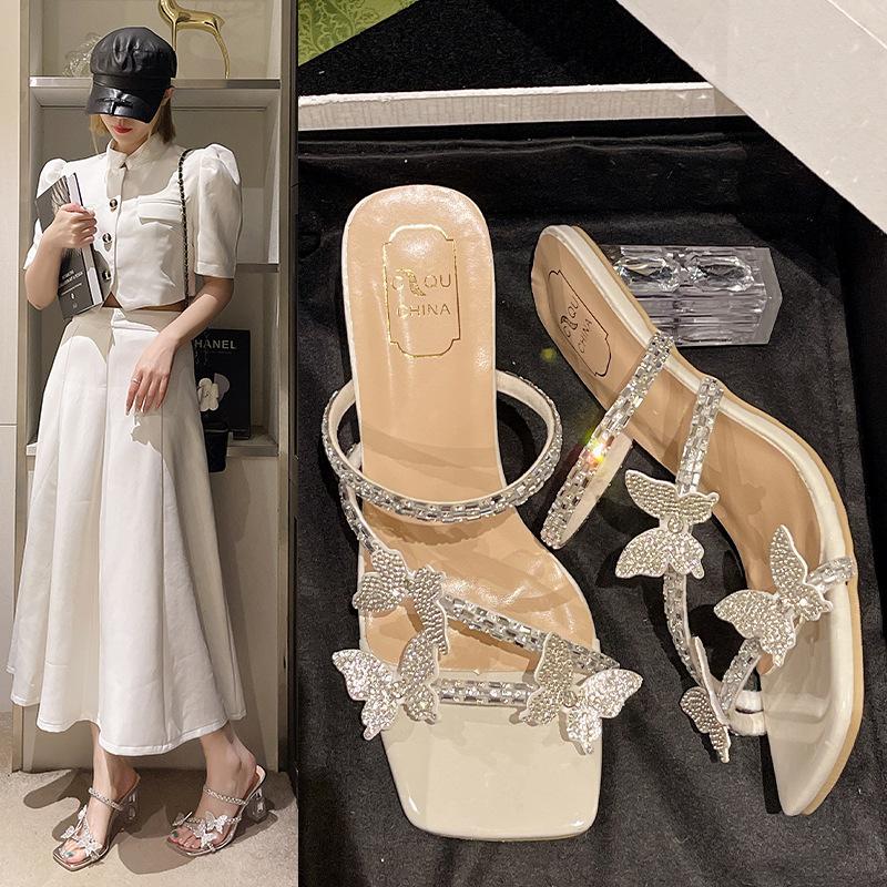 High Heels Women's Summer 2025 New Butterfly Rhinestone Word with Crystal Heel Sandals Square Head Thick Heel Slippers Women