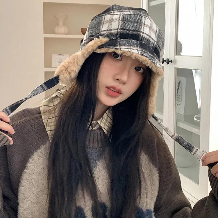 WTEMPO Ретро клетчатые женские осенне-зимние ретро шляпы однотонные повседневные универсальные теплые с защитой ушей плюшевые внутренние шапки