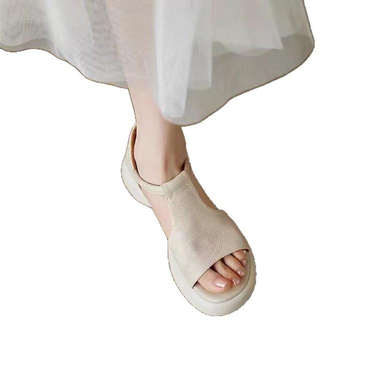 Версия из мягкой кожи~ Французские ретро сандалии на платформе-маффин, удобные, женские, летние, маленькие, для通勤, с открытым носком, римские