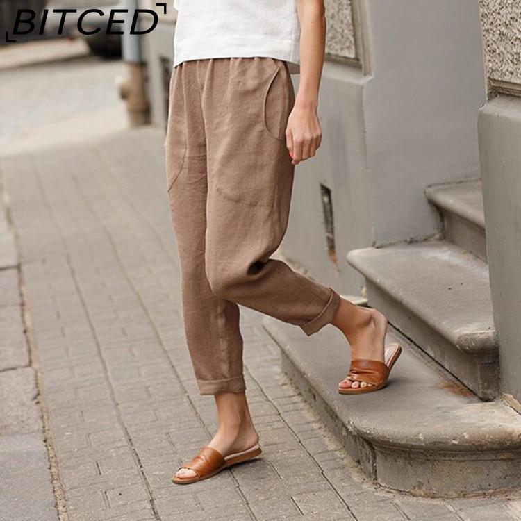 BITCED Women Summer Solid Color Double Pocket Trousers Loose Long Pants Female Cotton Linen Pants