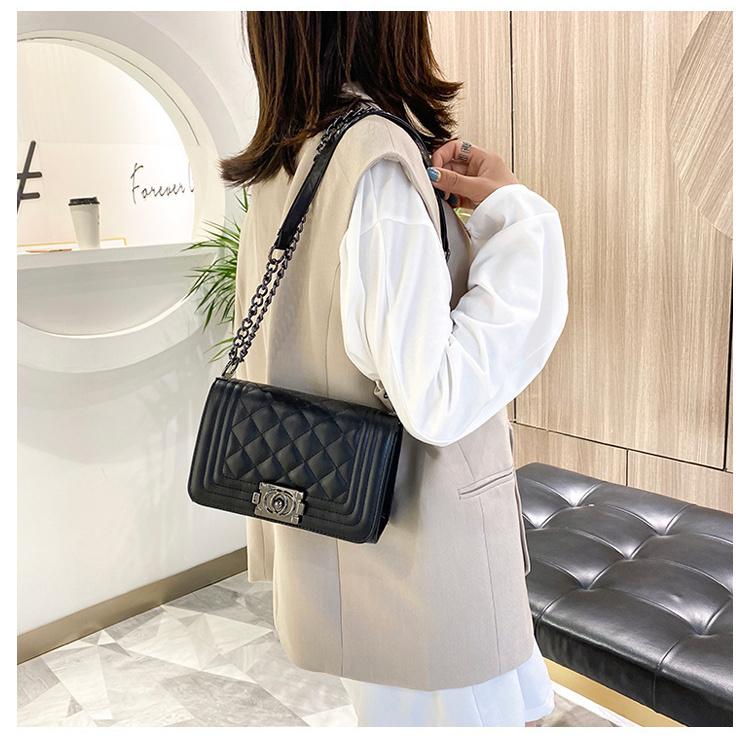 Women Solid Color Lock Buckle Lingge Square Crossbody Bag Leisure PU Chain Inclined Shoulder Bags Adjustable Band Strap