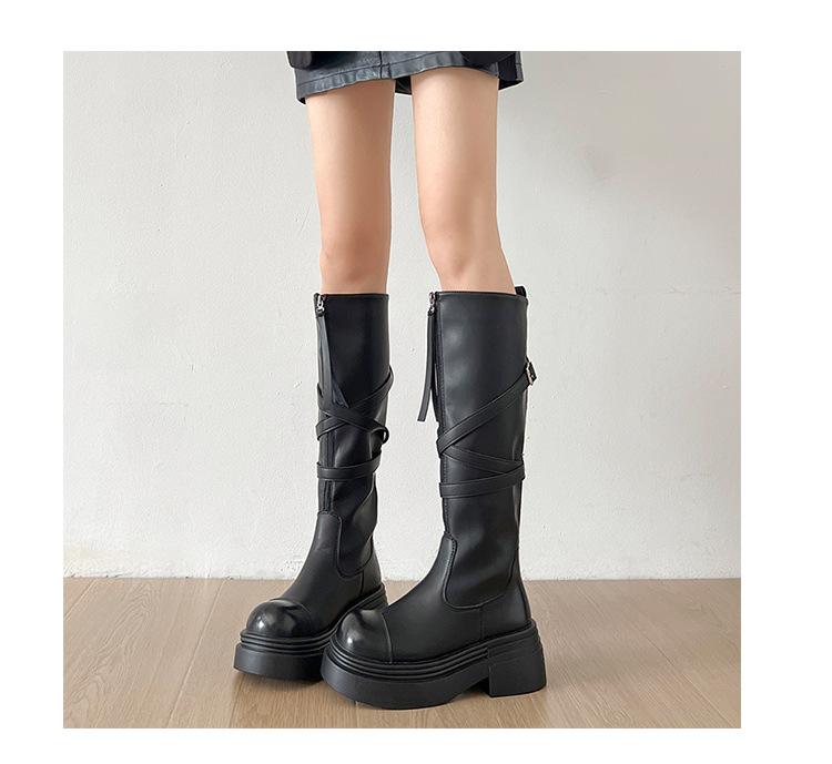 Black Retro British Style Thick Heel Platform Boots Women's 2025 New Spring and Autumn Season Height Increase and Thin Knight Boots