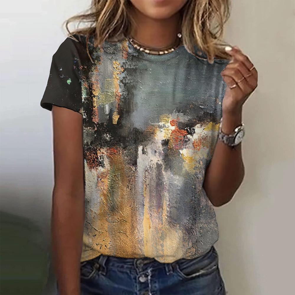 Женские футболки с 3D-печатью, узором в виде масляной живописи, круглым вырезом и коротким рукавом, Y2k, Харадзюку, Топы, Женская одежда