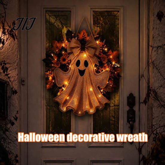 Decorative Wreath for Fireplace Rustic Halloween Ghost Front Door, Farmhouse Burlap Hanging Door with Maple Leaves, Sunflowers Porch Wall Indoor