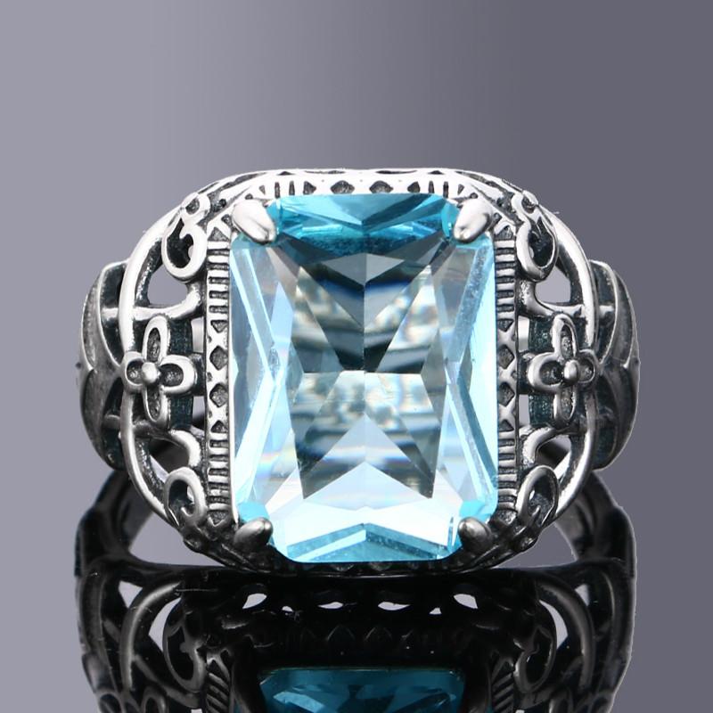 Vintage Hollow Out Design Aquamarine Zircon Silver Rings for Women Fine Jewelry Bridal Wedding Engagement Ring Accessory