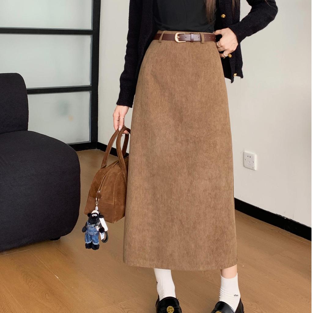 Женская вельветовая ретро осенне-зимняя приталенная прямая юбка с разрезом сзади