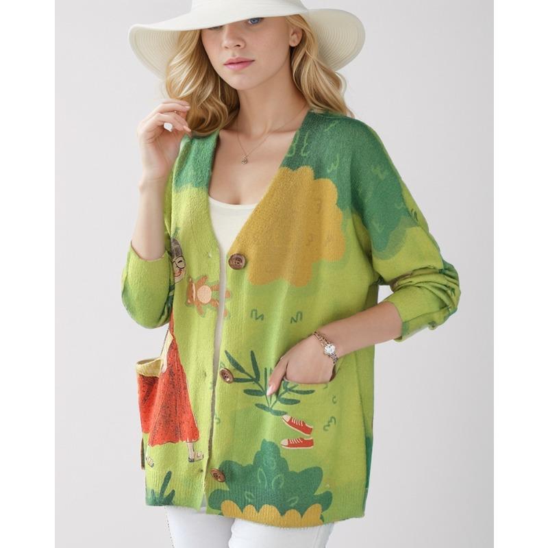 Dimanaf Новинка 2024 года, осенние свитера больших размеров, кардиган большого размера, женские свитера с цветочным принтом и мультяшным принтом, вязаный свободный свитер