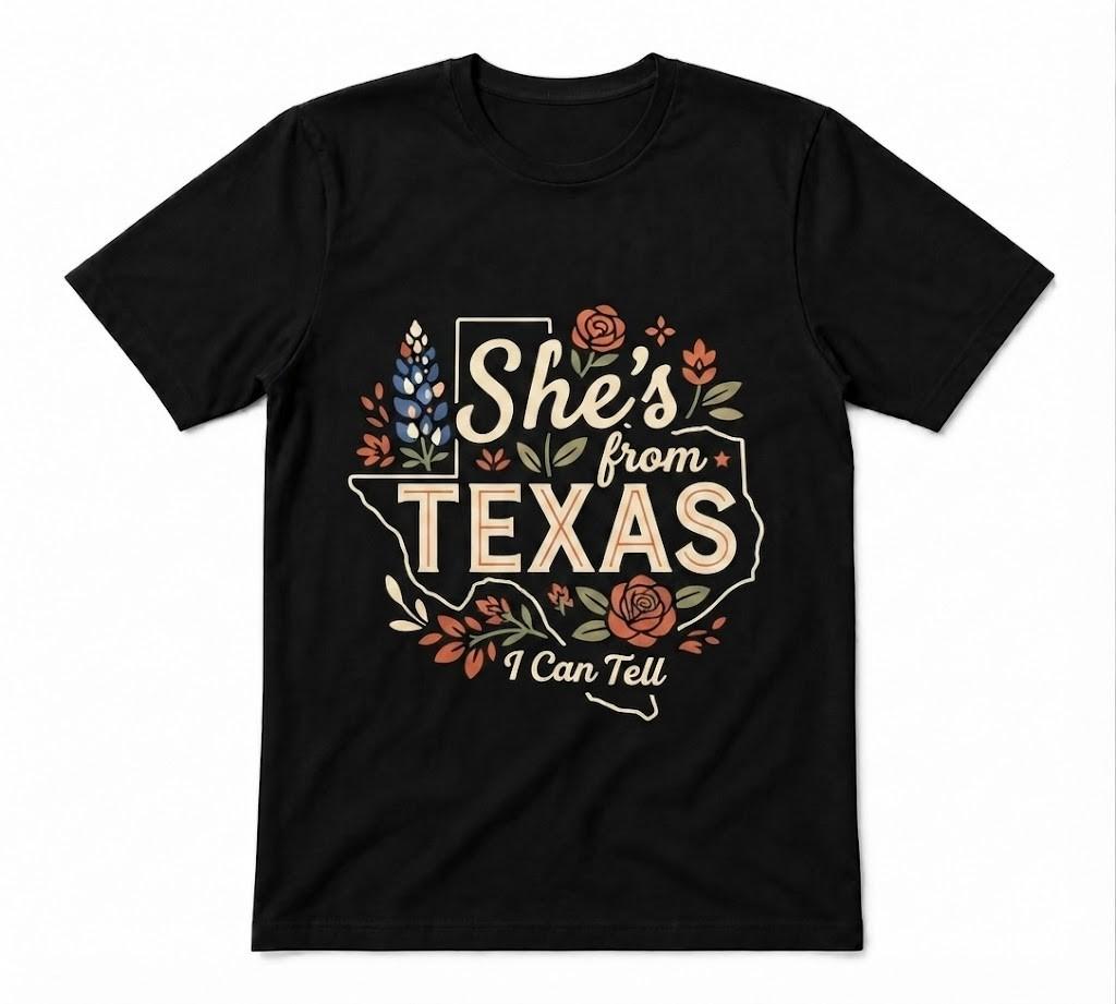 She's From Texas Bluebonnet Floral Texas Southern State Black T-shirt
