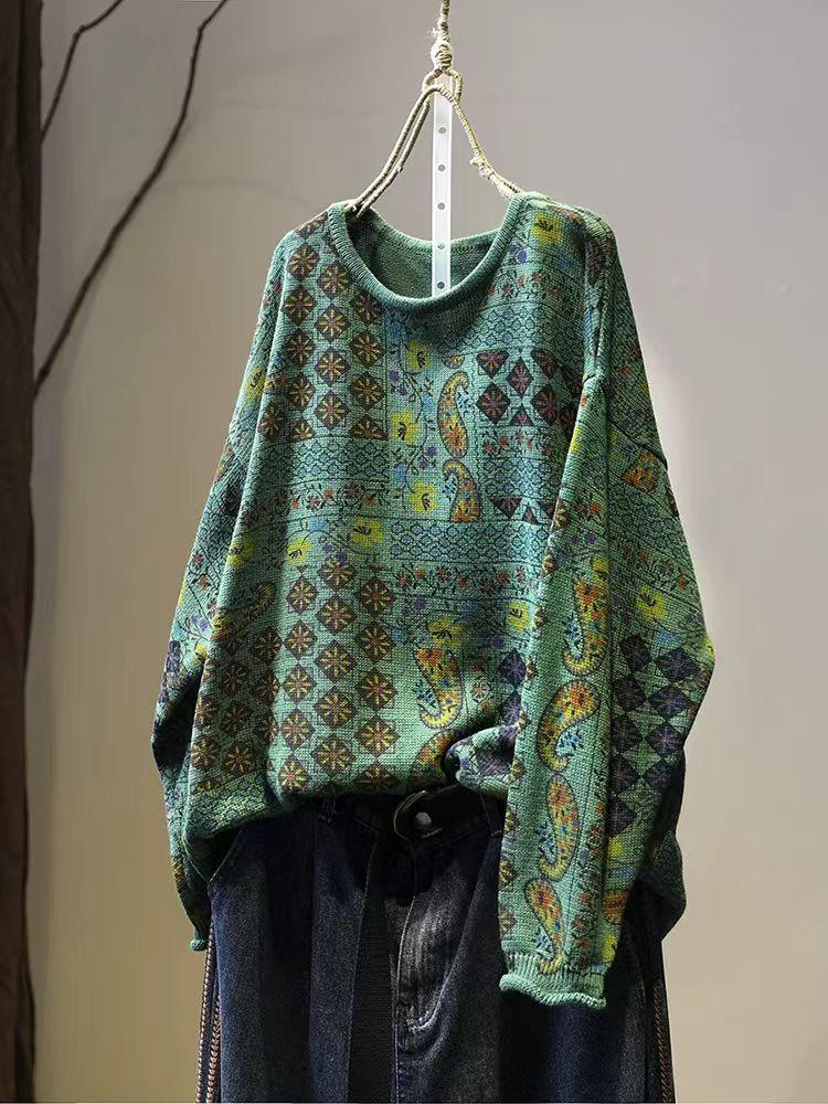 Johnature Vintage Print Loose Casual O-Neck Sweater Woman Winter Niche Long Sleeves Retro Personality Sweaters