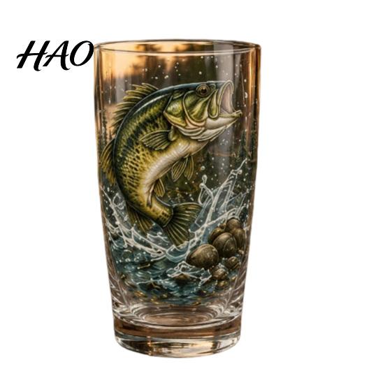 Glass Water Cup Fishing Pint Cup, Realistic Jumping Fish Pattern Design, Thickened Personalized Presents Creative for Outdoor Camping And Cabin Decor