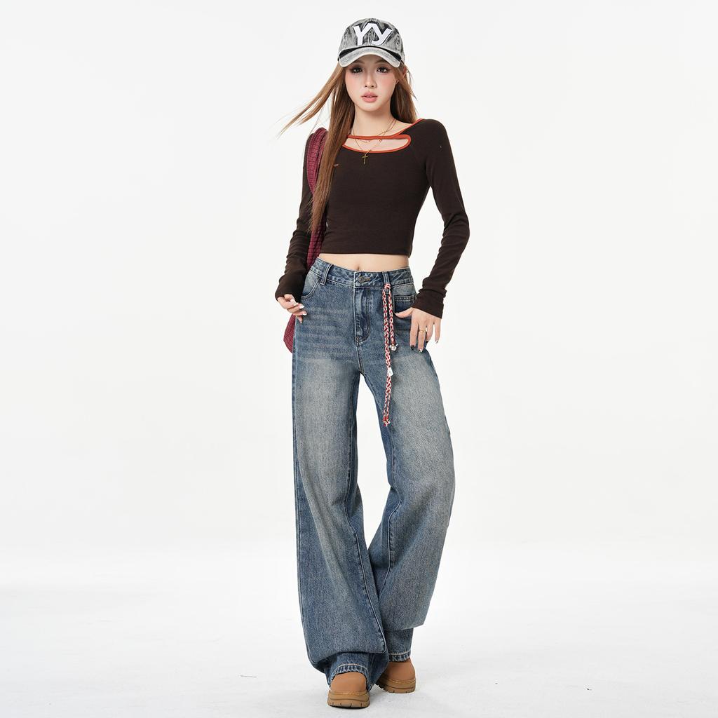 American Spice Girl High Waist Retro Straight Wide Leg Jeans Women's Spring New Lazy Slack Floor Pants