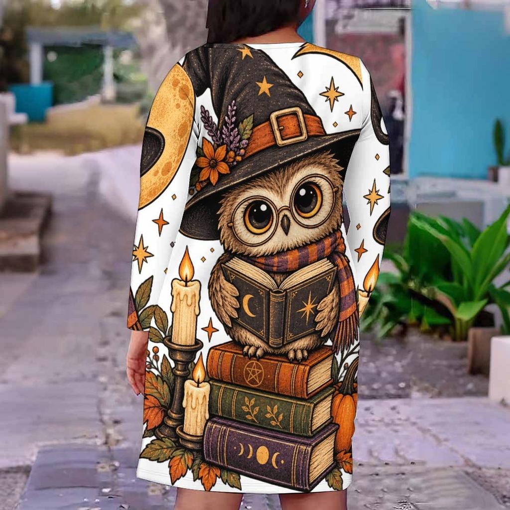 Women Plus Size V Neck Long Sleeve White Printed Straight Dress Cute Witch Raccoon Pumpkin Pattern