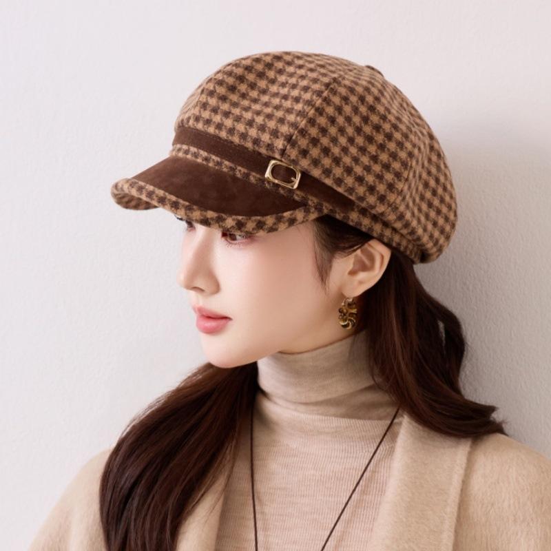 New British style retro plaid octagonal hat female small fragrant style show face small newsboy hat autumn and winter fashion hat