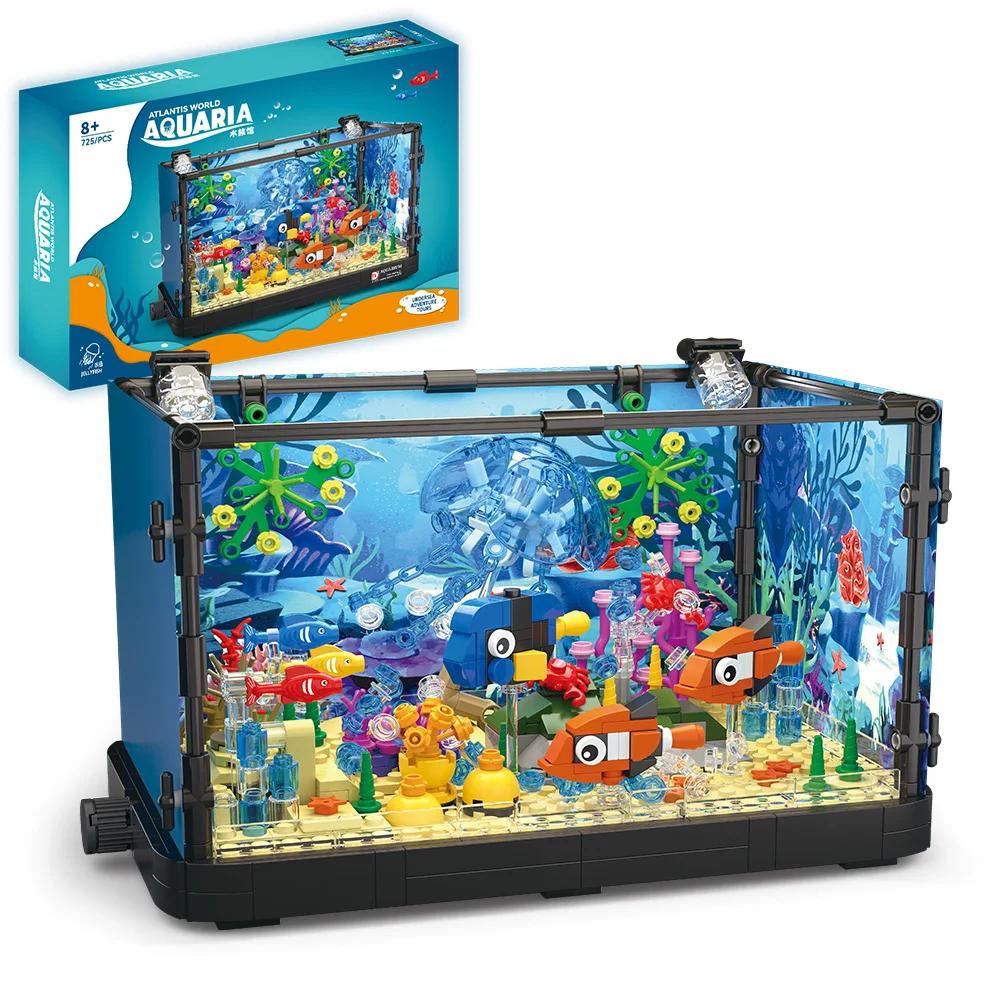 Non-Toxic Fish Tank Block Set With Lights Aquarium Marine Life Shark Eco Tank Block Playset For Kids 6+ Years Gift For Ocean Lovers