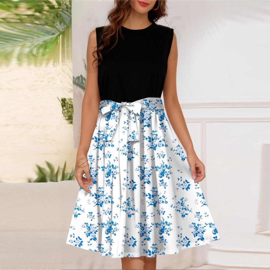 Женское модное повседневное короткое платье без рукавов со шнуровкой и круглым вырезом