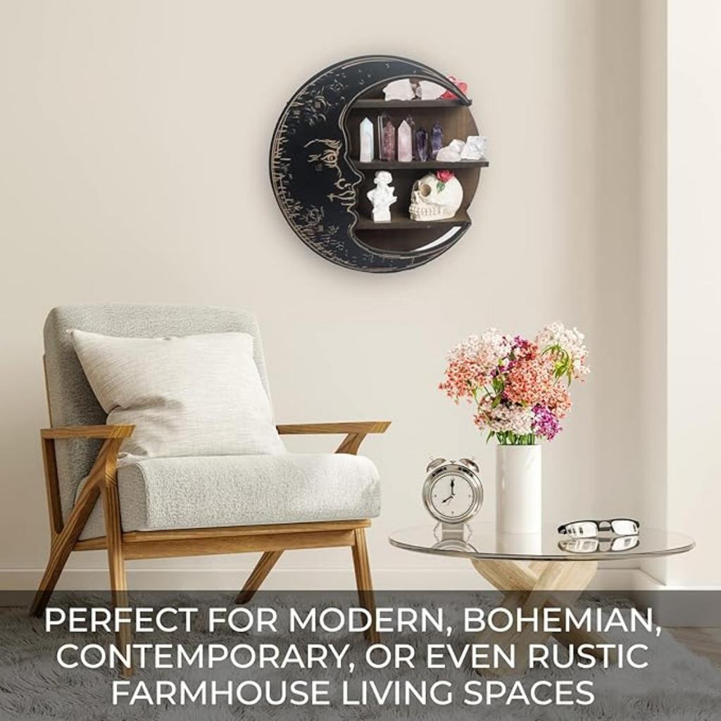 Полка в виде полумесяца, деревенский деревянный держатель для хрусталя для лечебных камней и эфирных масел, настенная хрустальная полка-дисплей для настенного декора, ведьмины подарки